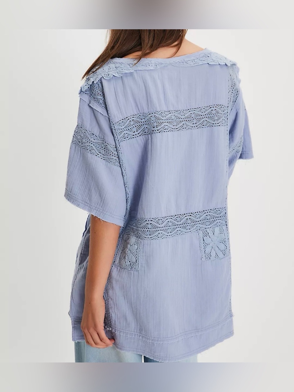 We the Free Rustic  Romance Boho Short Sleeve Lace Top in Dusty Blue Oversized M - Picture 11 of 15